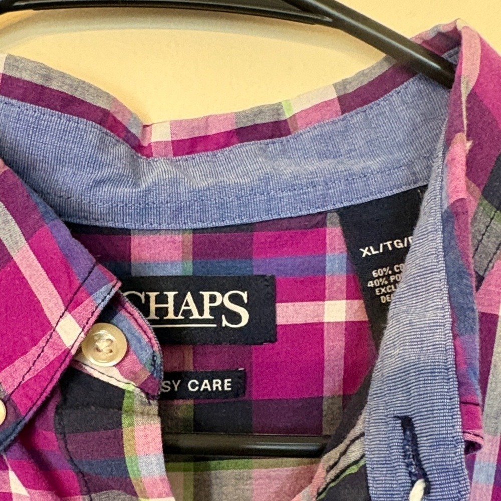 Chaps Mens XL Purple Plaid Button Down Shirt Upcycled Dr Facilier Graphic Patch - Picture 4 of 4